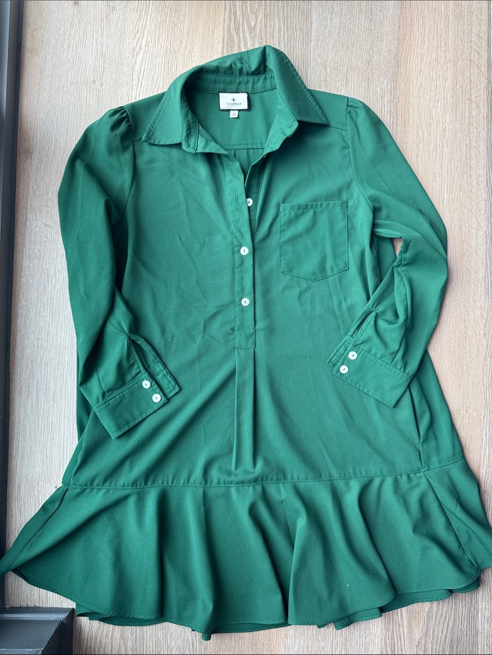 Tuckernuck Emerald Green Button-Front Ruffle Hem Dress